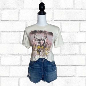 Treasure & Bond Trendy Beige Cropped Floral Deer T-Shirt